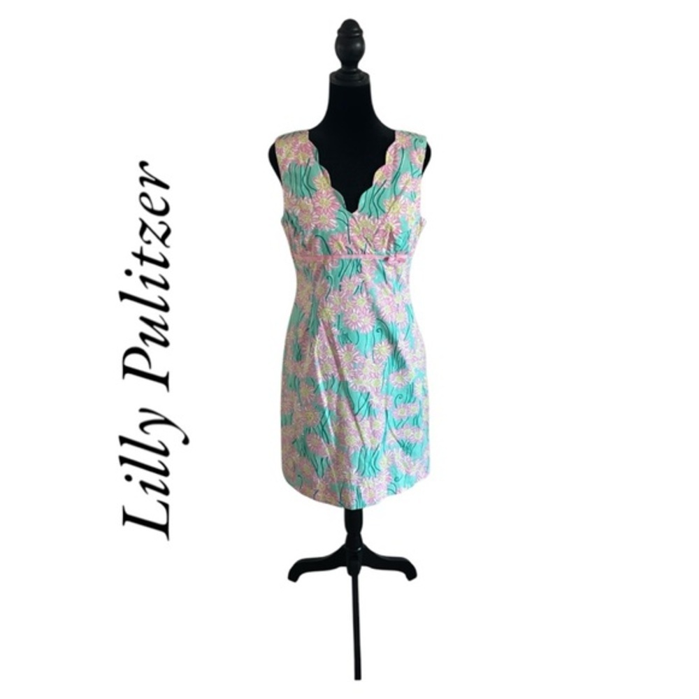 Vintage Y2K Lilly Pultizer Nadine Blue Grotto Scalloped Neck Day Dress 0054